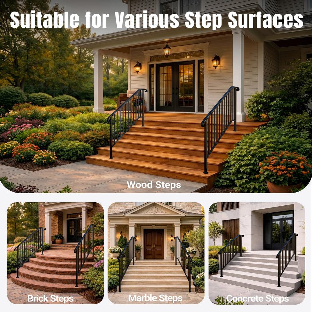 5 Step Handrails for Outdoor Steps, Wrought Iron Stair Railing Fits 4 or 5 Steps, Metal Hand Rail with Installation