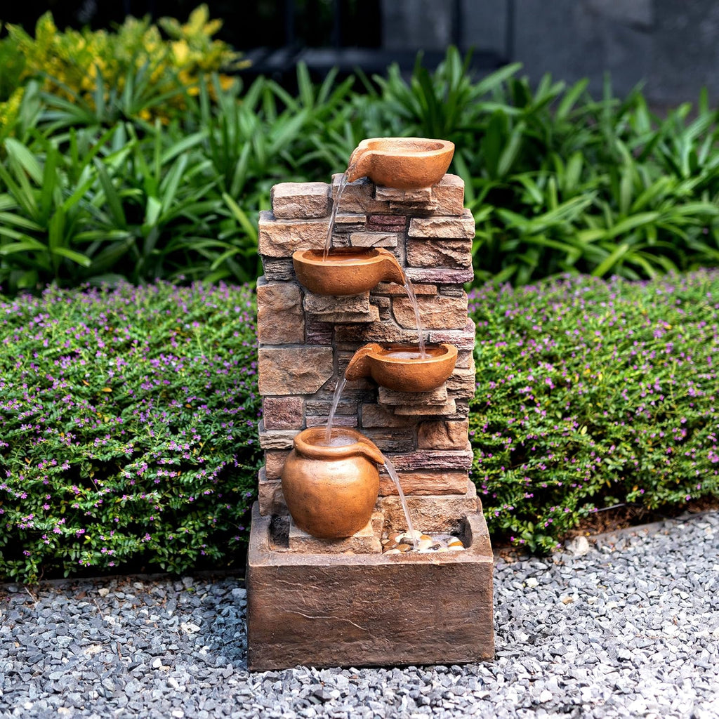 28.5" Outdoor 4-Tier Stacked Stone Cascading Water Fountain with LED Lights, Brown