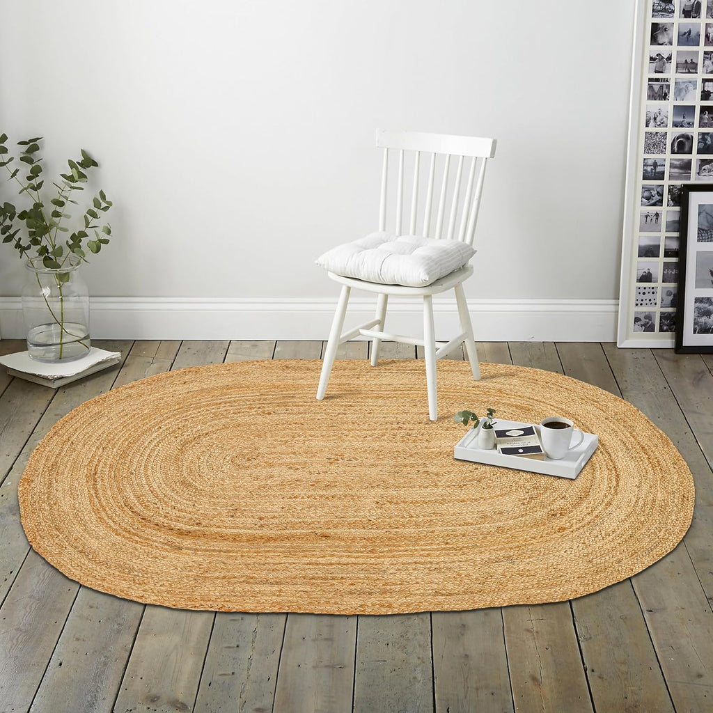 Hand Woven Jute Area Rug - 5' x 8' Feet - Rustic Beige Reversible Oval Rugs - Vintage Natural Braided Entry Floor