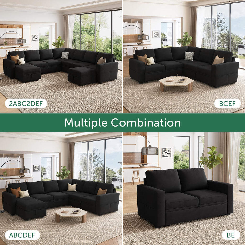 Modular Sectional Sleeper Sofa with Pull-Out Bed, Velvet L-Shaped Sofa with Storage Seat, Sectional Sofas for the