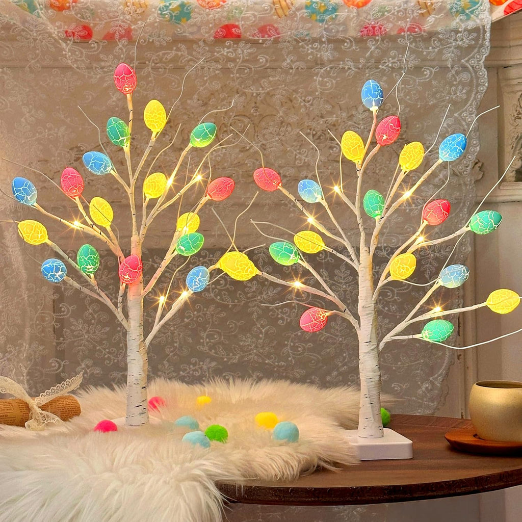 Easter Decorations, 2 Pack Lighted Easter Tree Battery Operated with Timer, 22 Inch LED Birch Tree with 36 Egg - Set of 2