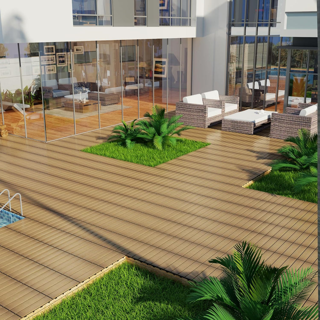 11 PCS Wood Plastic Composite Interlocking Deck Tiles 12" x 12" Indoor Outdoor Waterproof DIY Installation Flooring All