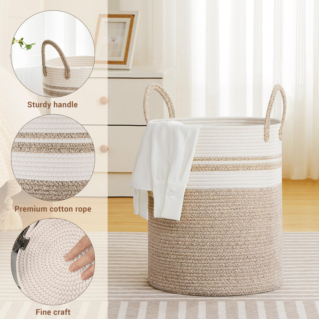 53L Tall Cotton Rope Laundry Basket with Handles, White & Brown