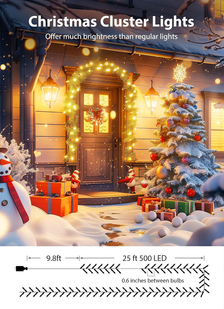 25 Ft 500 LED Cluster Lights Christmas Outdoor, White Wire LED Decorative Christmas Tree Lights with Remote & 12