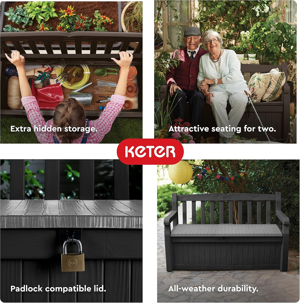 Solana 70 Gal Outdoor Storage Bench and Pool Accessories | Grey, Resin, Seating, Weatherproof, Lockable, Durable