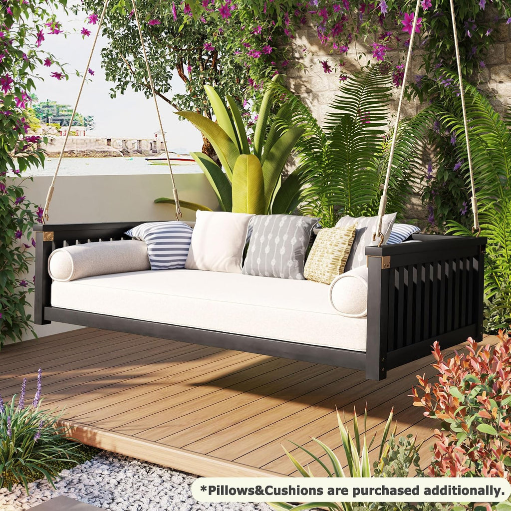 Acacia Wood Porch Swing Bed, Twin Size Hanging Daybed with Ropes, Outdoor Patio Bed Swing for Garden, Backyard &