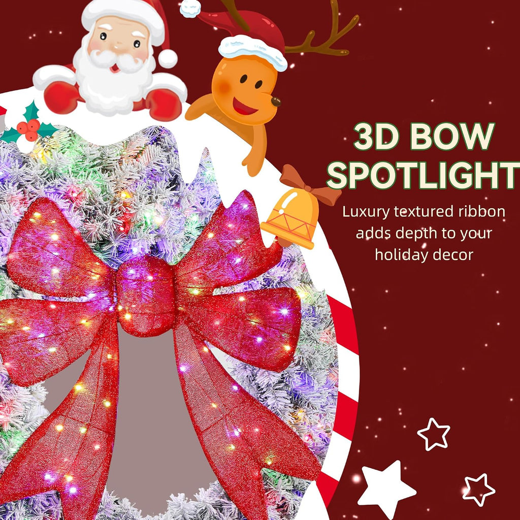 36in Flocked Pre-Lit Artificial Christmas Wreath with 3D Red Bow