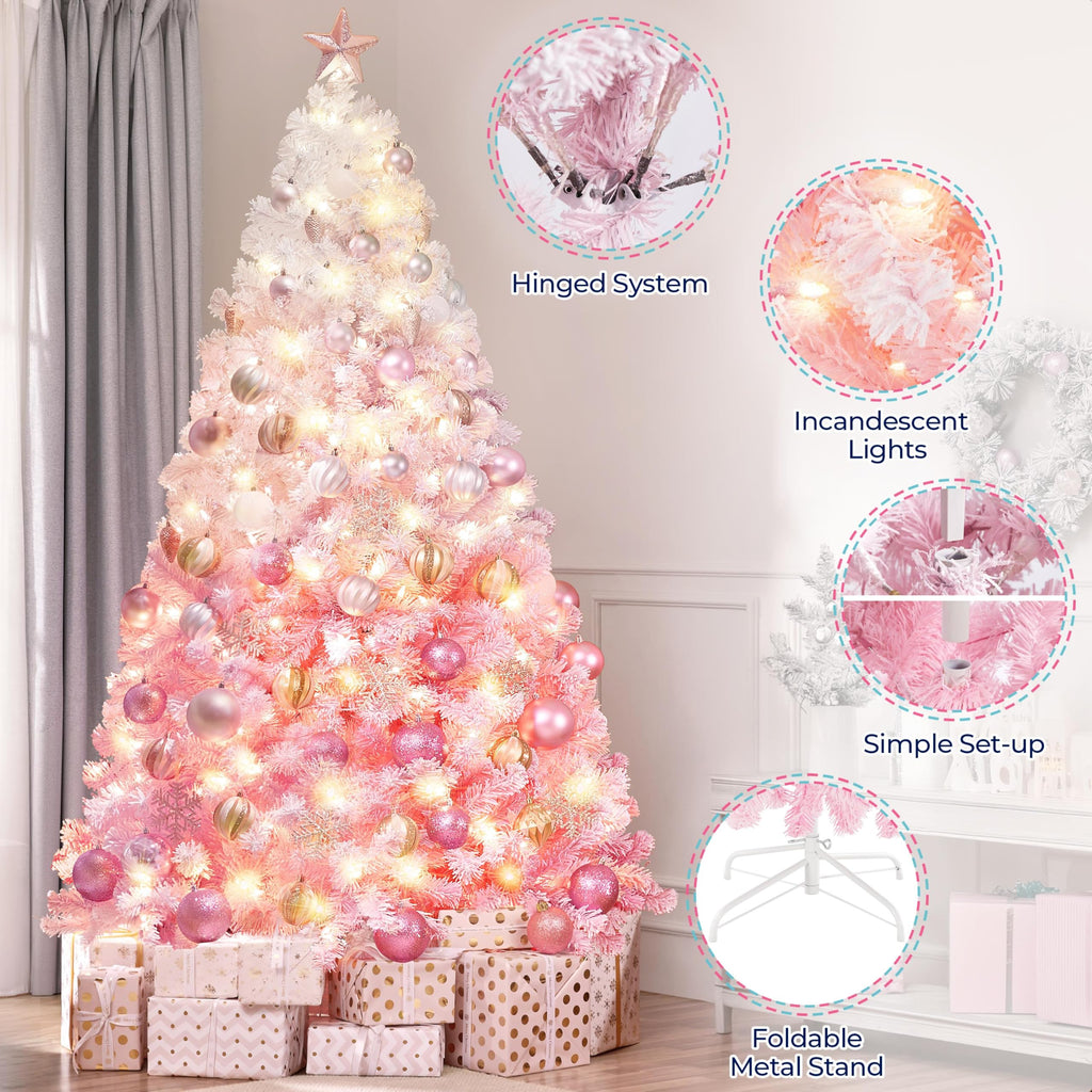 7.5ft Prelit Flocked Christmas Tree, Pink & White, 550 Lights