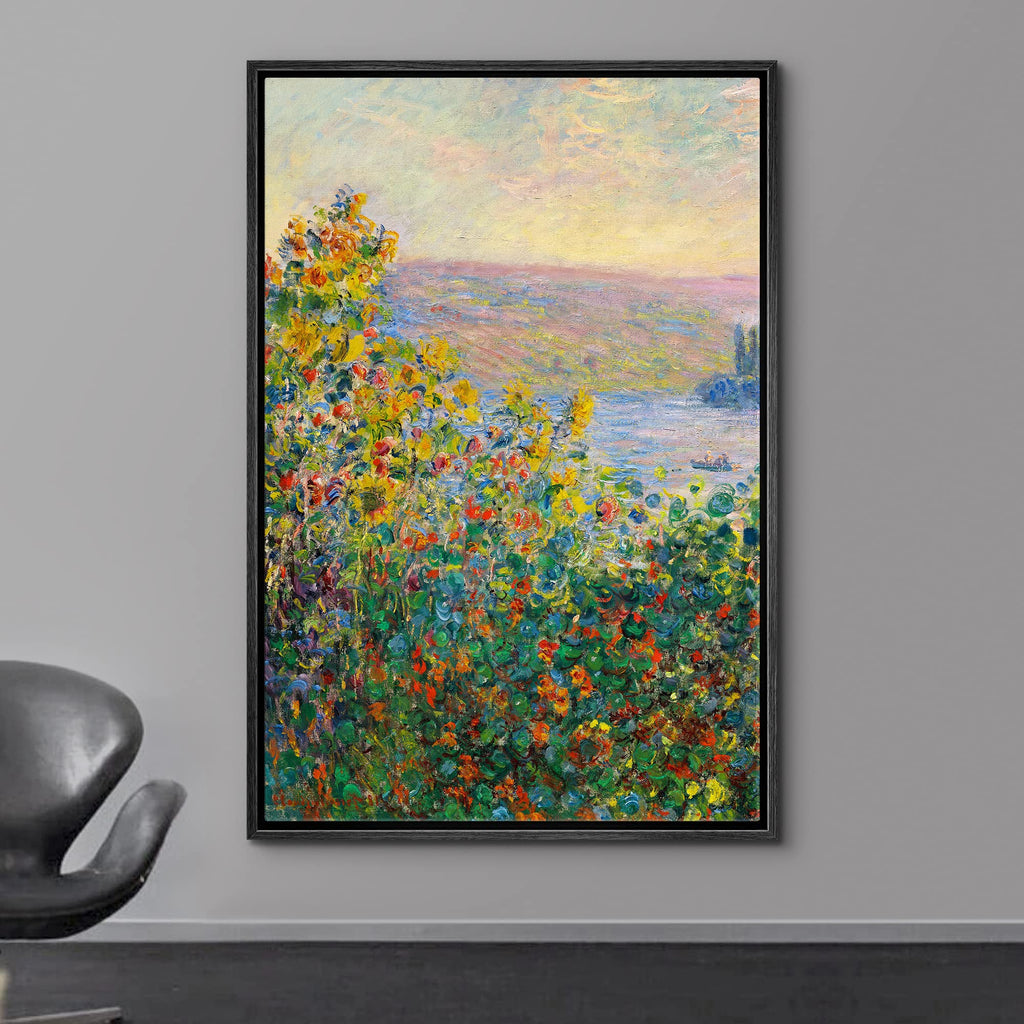 Flower Beds at theuil by Claude Monet - Framed Canvas Print Wall Art Famous Painting Reproduction - 16"x24" Black