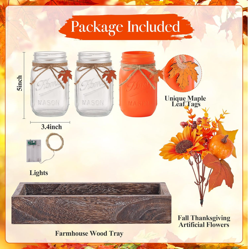 Mason Jar Fall Thanksgiving Table Decorations, Centerpieces for Tables - Set of 3