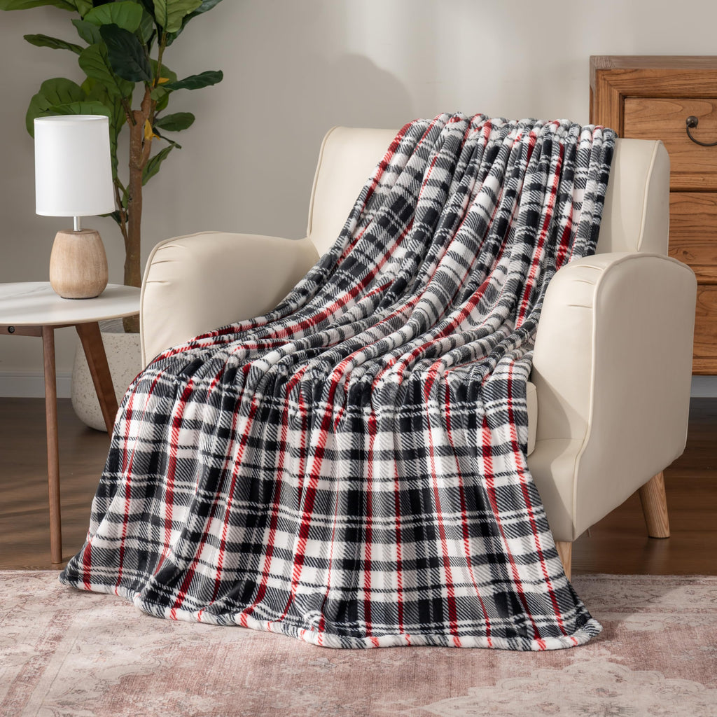 Classic Heavyweight Soft Printed VelvetLoft Plush Throw Blanket, Cozy and Fuzzy, Plaid Black Red, 50in x 70in