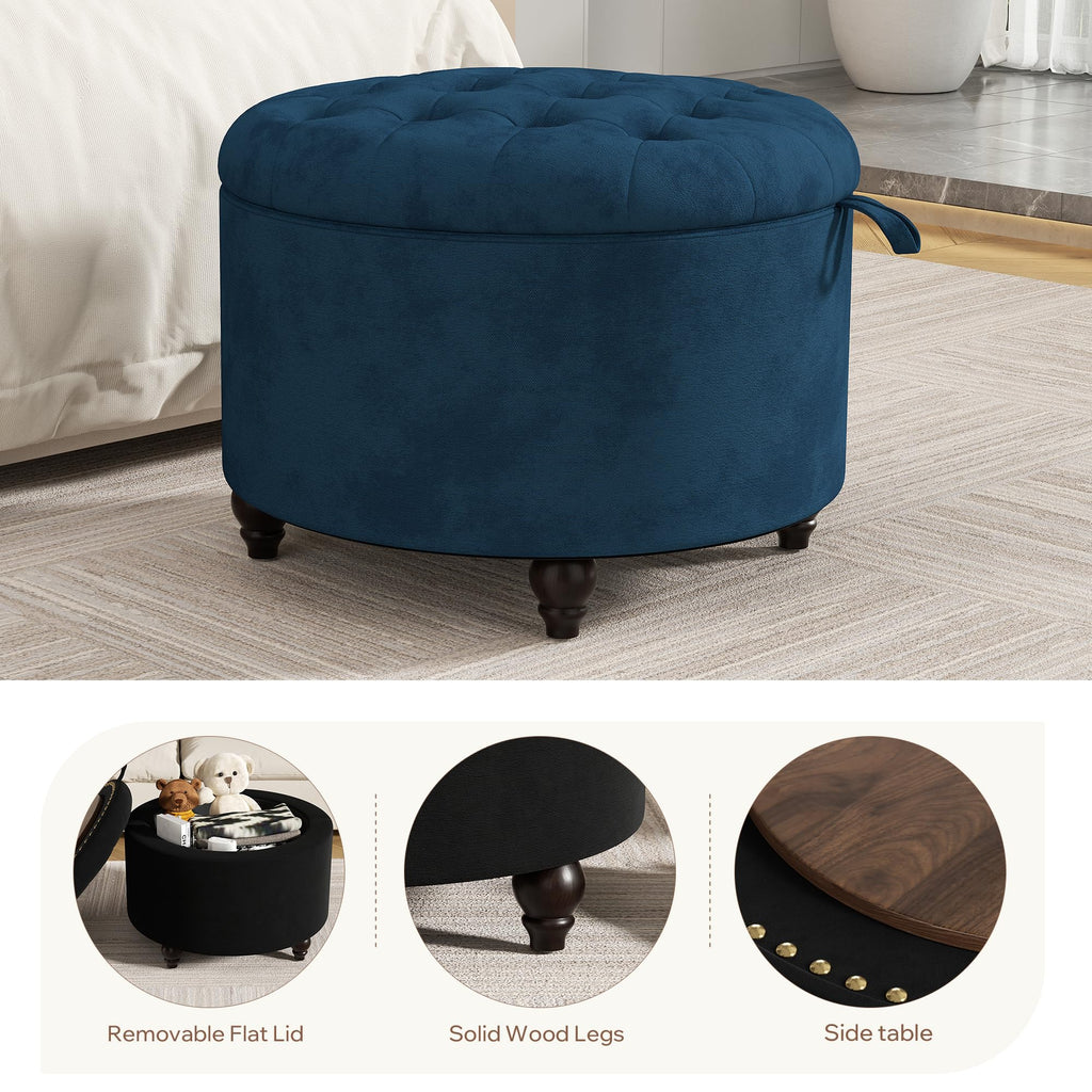 24 Inch Round Storage Ottoman, Modern Tufted Ottomans, Circular Coffee Table with Removable Top, Upholstered Large