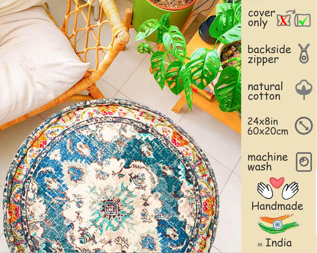 Floor Pillow Cover Blue Round Floor Cushion Boho Room Décor Moroccan Seating Area Perfect Pouf Ottoman for Living