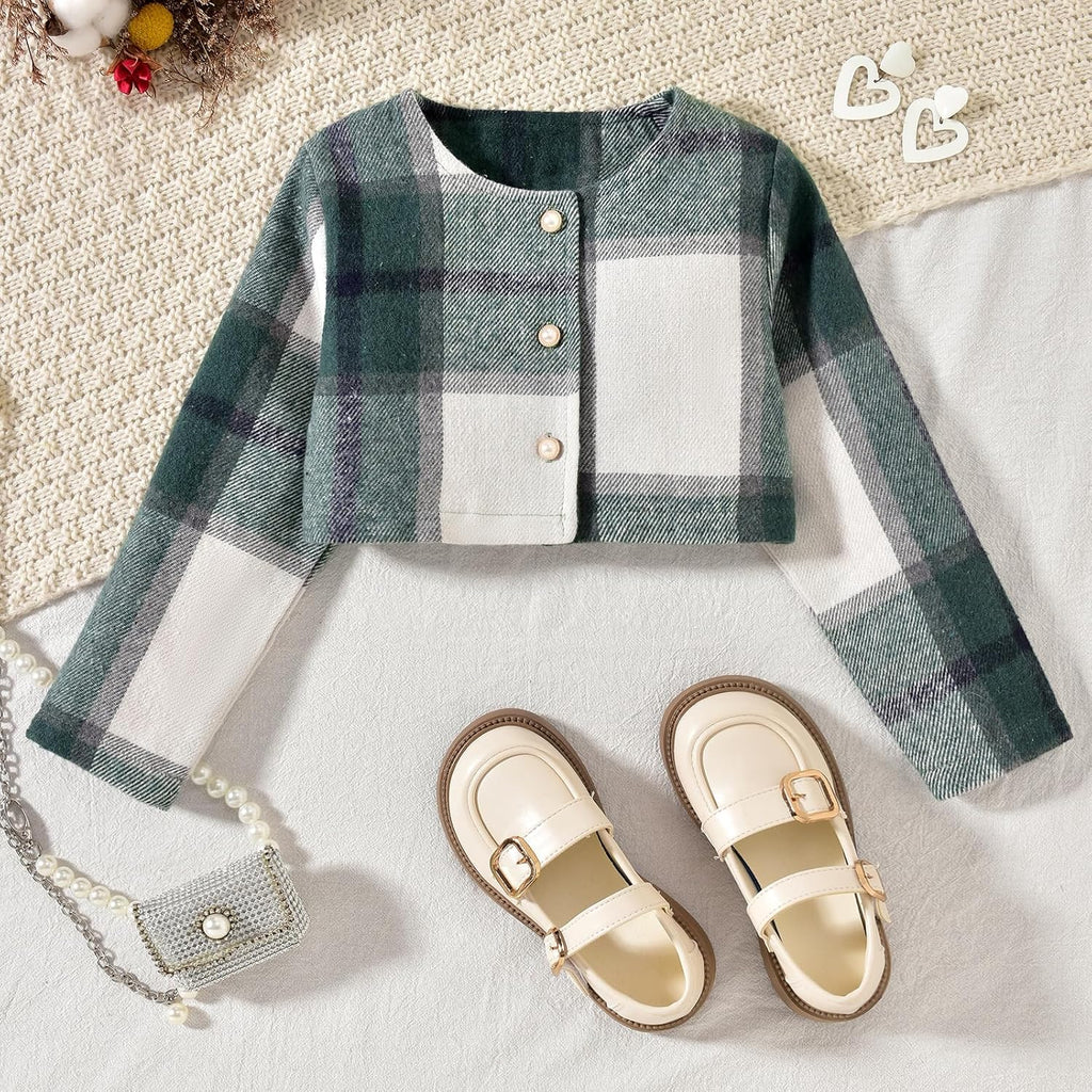 Toddler Girl 4 Pieces Outfits Ruffles Long Sleeve Tops Plaid Skirt Jacket And Hat Fall Winter Clothes Set