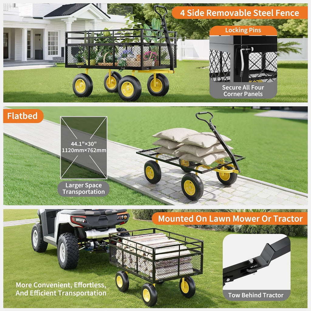 3-in-1 Heavy-Duty Steel Garden Cart, 1400 Lbs Garden Wagon, with 13 Inch All-Terrain Tires and Removable Mesh Side