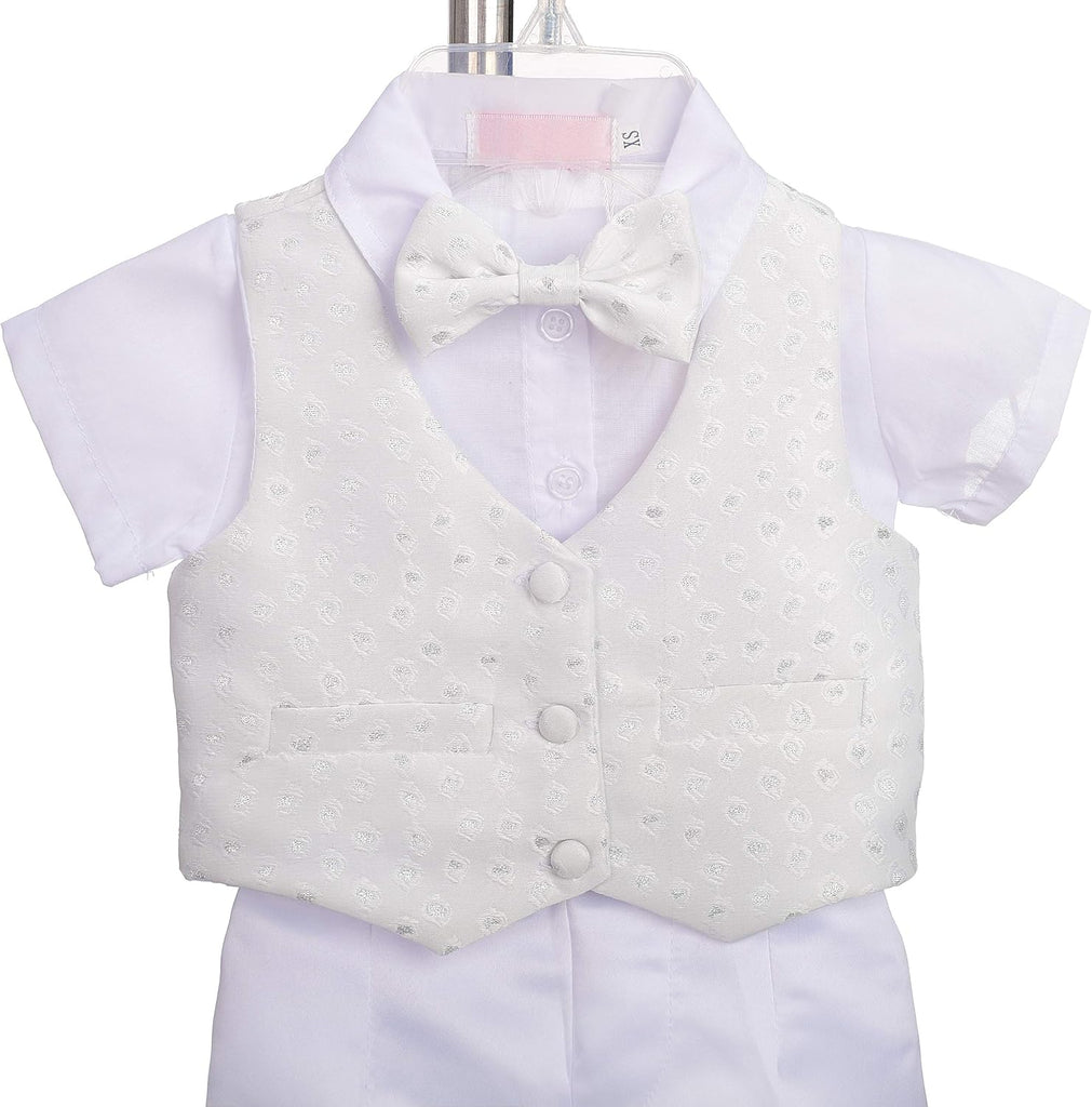 Infant Baby Boys' Christening Clothing Baptism Outfit 5 Pieces Suit Set with Bonnet, Short Sleeves, Ivory White