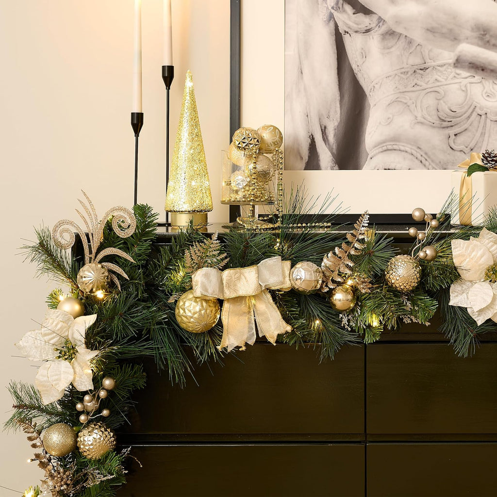 9 Feet Pre-Lit Christmas Garland with Lights for Mantle, Lighted Outdoor Xmas Garland with White Gold Balls &