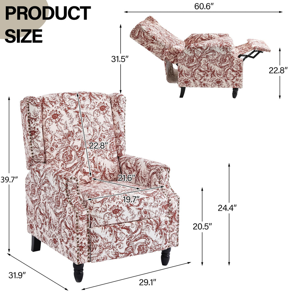 Wingback Floral Pushback Recliner Chair, Rococo Orange, Set of 1
