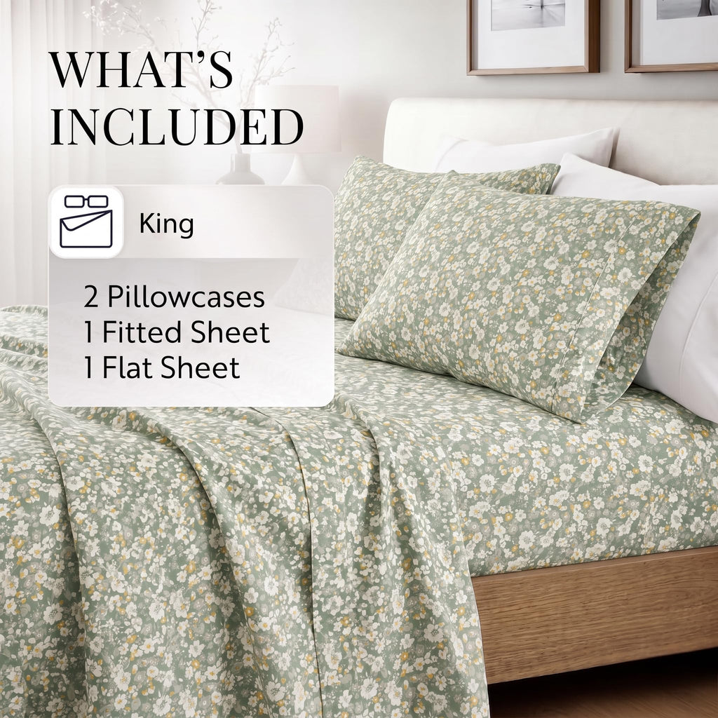 Sheet Set Patterned Microfiber Ultra Soft Bedding in Floral Dream - King Floral Dream Eucalyptus