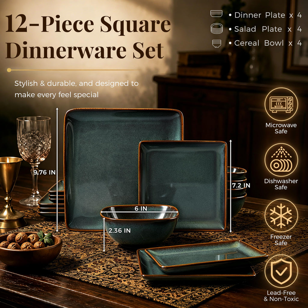 12-Piece Square Stoneware Dinnerware Sets for 4, Reactive Green Glaze