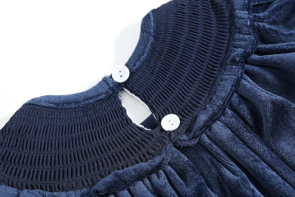 Baby and Girls Blue Velvet Silver Bows Smocked Ruffle Bishop Dress