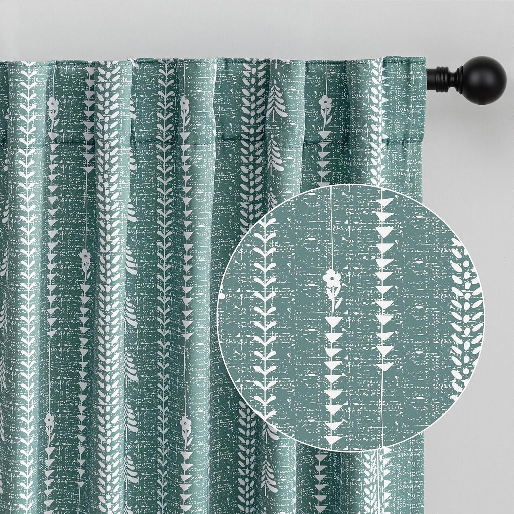 Sage Green Blackout Curtains 84 Inch Length - Boho Farmhouse Printed 95% Room Darkening Aqua Thermal Insulated Drapes