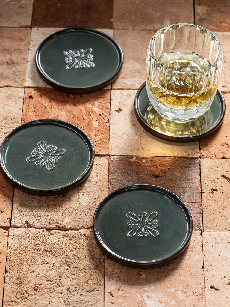 Drink Coasters Set of 6, Ceramic Coasters for Drinks, Floral, Green