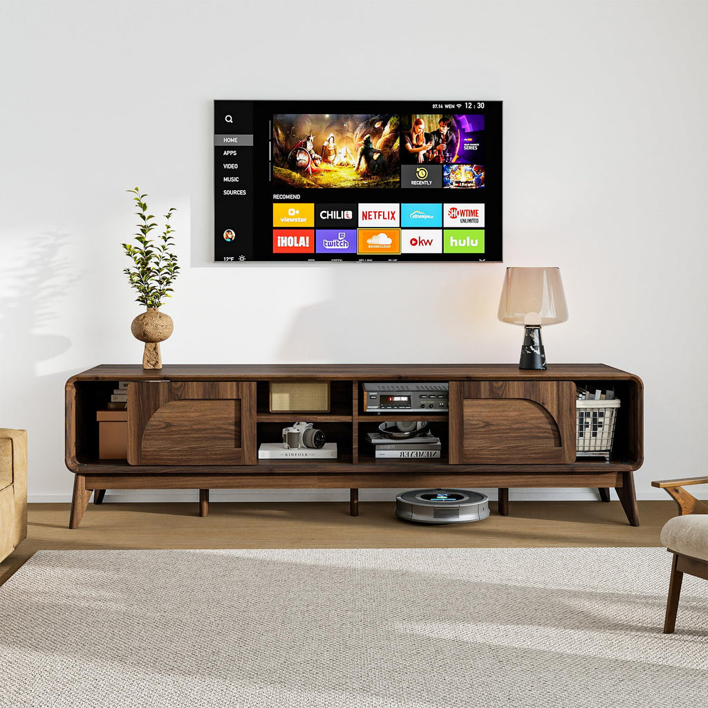 70" Mid Century TV Stand w/ Sliding Barn Door, Walnut