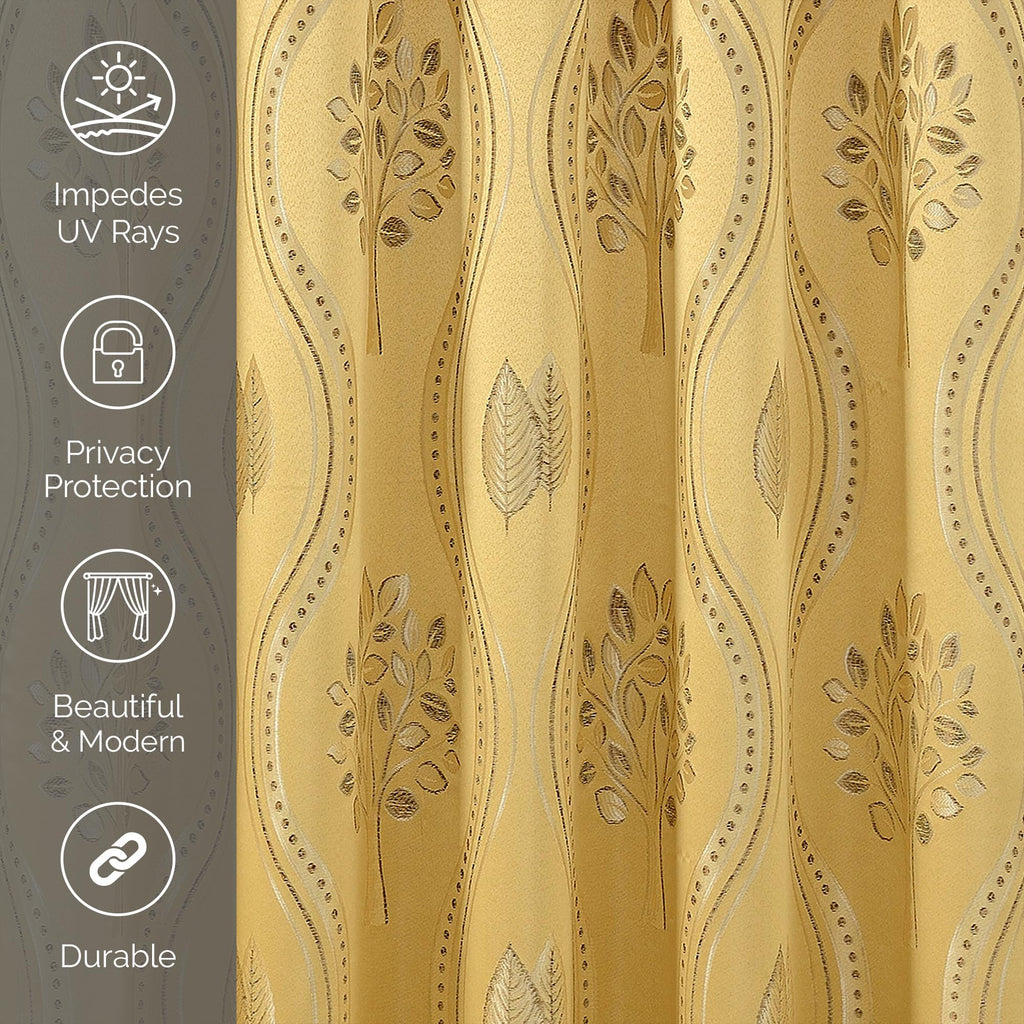 Aurora Jacquard Look Curtain Panel Set with Attached Valance 54" X 84 inch (Set of 2), Gold