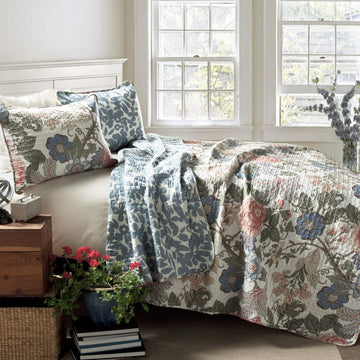 Reversible Cotton Quilt Set, 3 Piece Set, Full/ Queen, Green & Blue - Cotton Bedding Set - Blue Floral Quilt