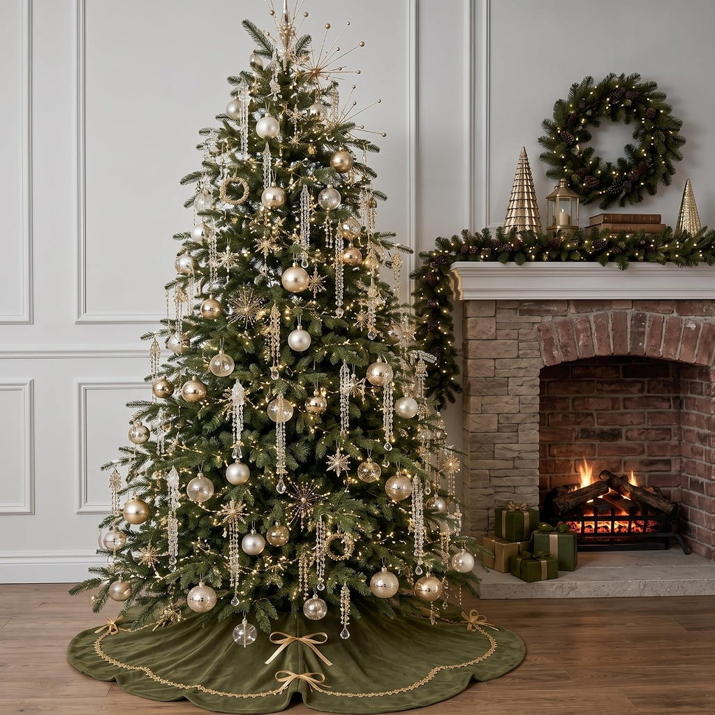 Christmas Tree Skirt 48 Inch Moss Green Velvet Fur Scallop Tree Skirt Sparking Gold Lace Trim for Party Rustic Xmas
