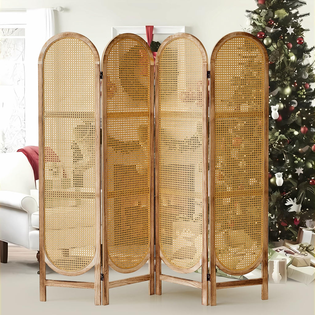 4 Panel Rattan Room Divider Screen, Boho Folding Privacy Screen