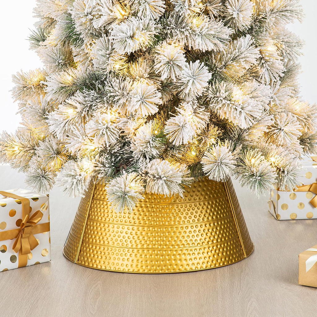 Hammered Christmas Tree Collar Decorative Metal Tree Skirt Base Cover Ring, 22" D, Gold