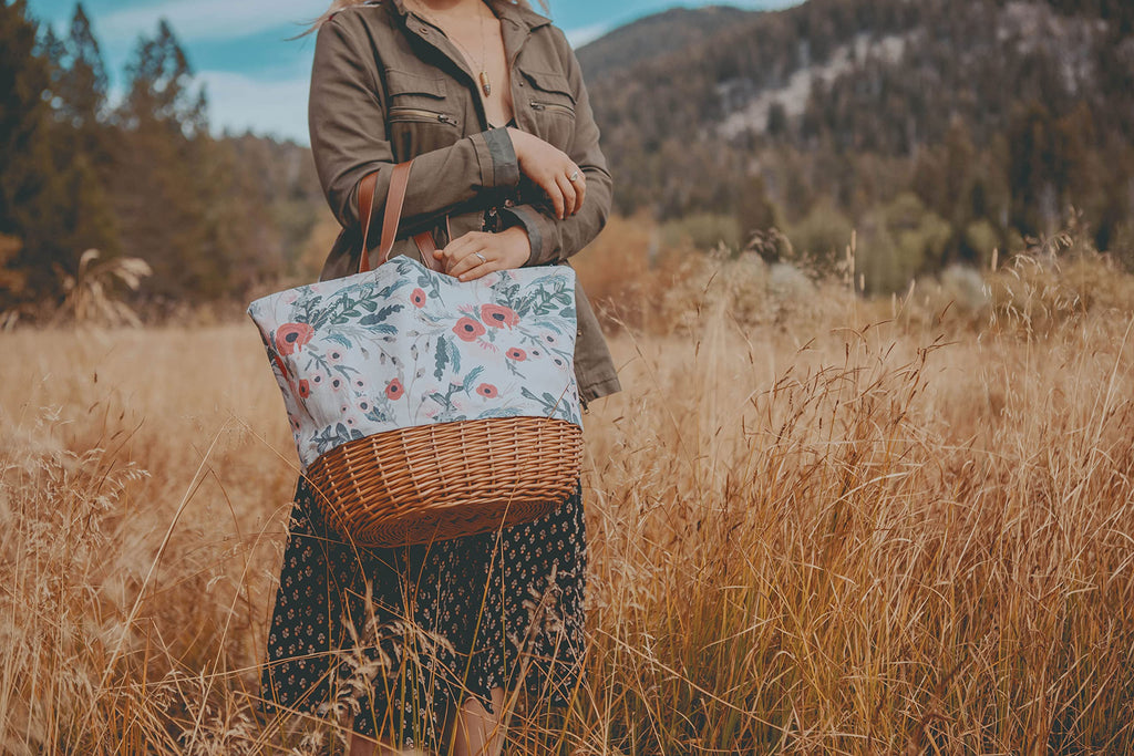 Promenade Picnic Basket for 2, Canvas and Willow Picnic Set - Includes Utensil Set, Glasses, and Plates, (Floral