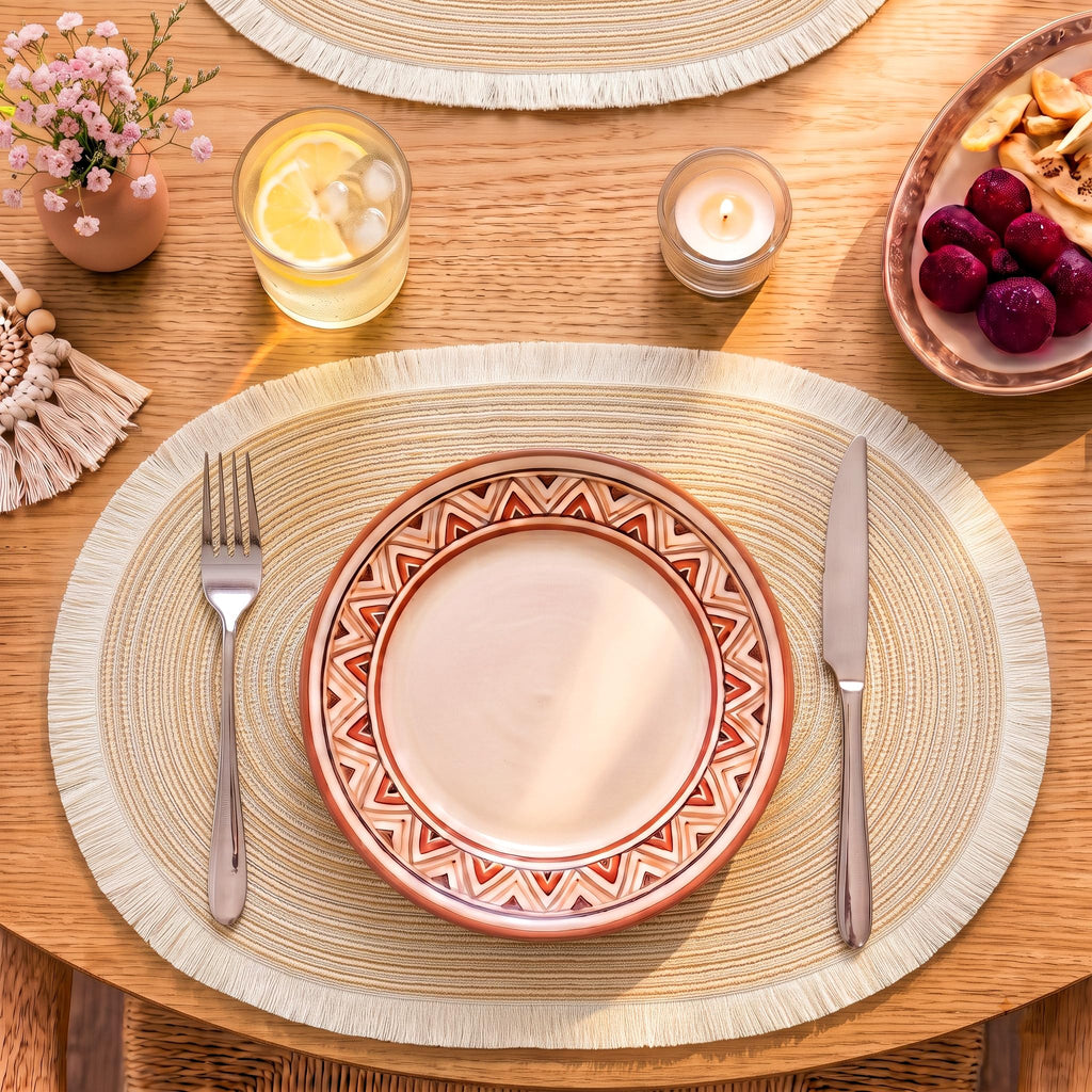 Boho Oval Woven Placemats Set of 6, Washable Table Mats with Tassels