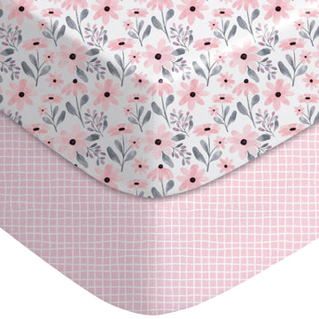 2-Pack Baby Crib Sheets for Girls 52x28 (Pink+Floral)