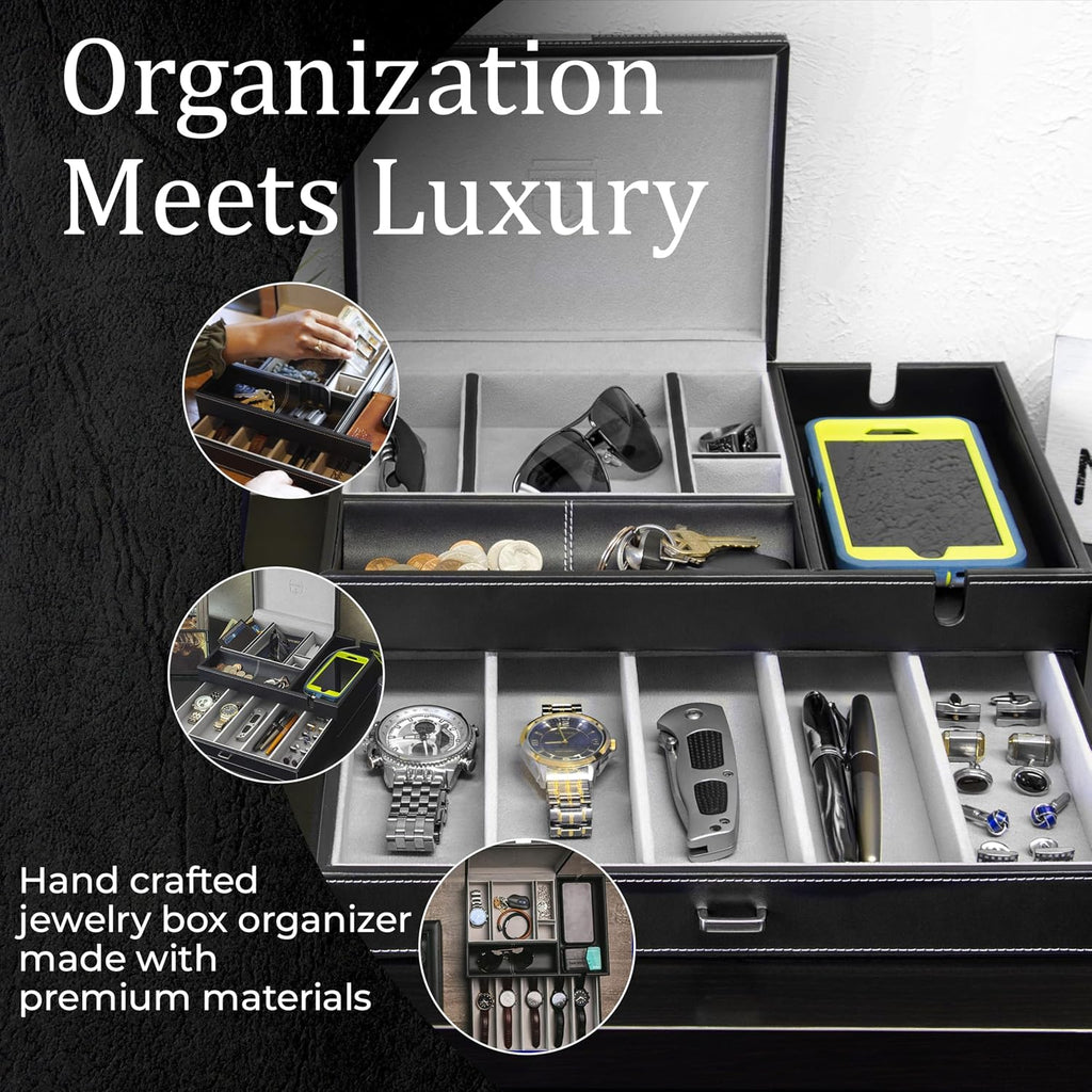 Admiral Dresser Valet Box & Mens Jewelry Box Organizer with Large Smartphone Charging Station (Grey)