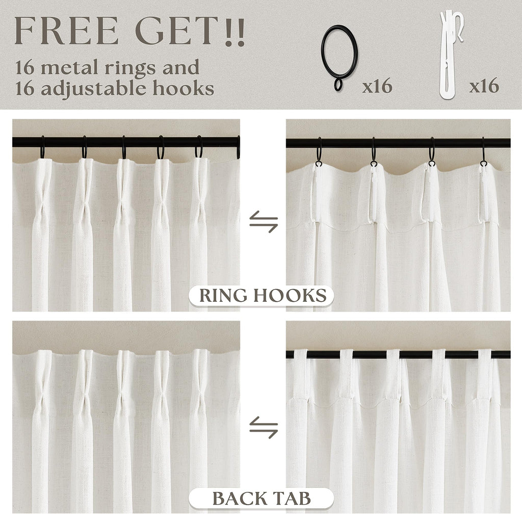 Beige White Pinch Pleated Linen Curtains 132 Inches Long 2 Panels