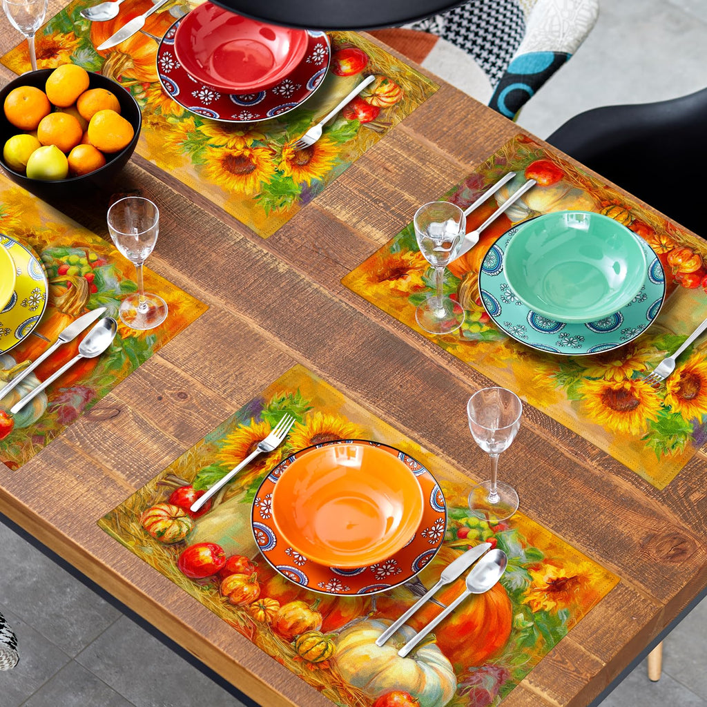 Vintage Fall Placemats, Rustic Autumn Pumpkin Sunflower Bird Table Mat, Thanksgiving Harvest Heat Stain Resistant