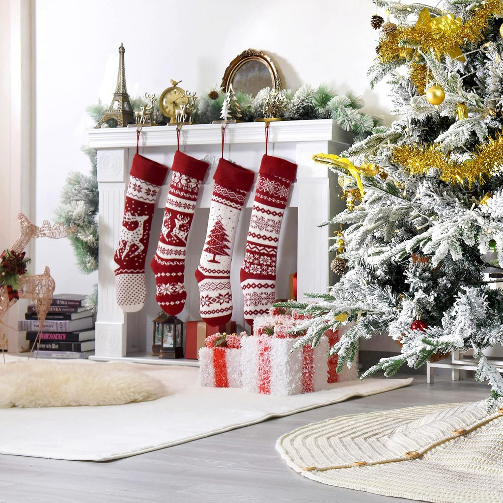 26-Inch Large Nordic Style Knitted Christmas Stockings in Burgundy/White for Stuffers & Mantel, Wall, & Staircase - Set of 4