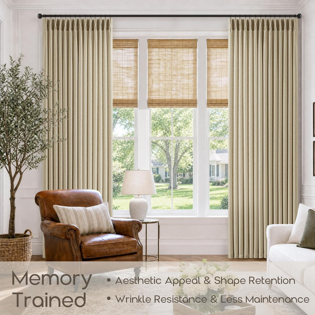 96 Inch Pinch Pleated Linen Oatmeal Curtains Sand Beige Cottage Light Filter Sheer Burlap Textured Pinch Pleat Drapes