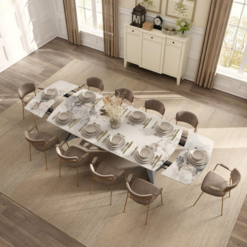 Extendable Dining Table with Leaf, 78"-110" Rectangular Sintered Stone, Marble-Look Top, Seats 6-14, Metal Base