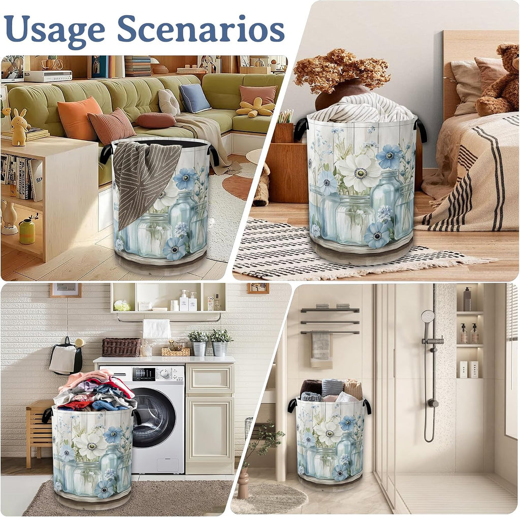 Flowers Laundry Basket,Foldable Oxford Cloth Vintage Wooden Board Laundry Hamper with Handles, 20.8"x16" Tote Bag