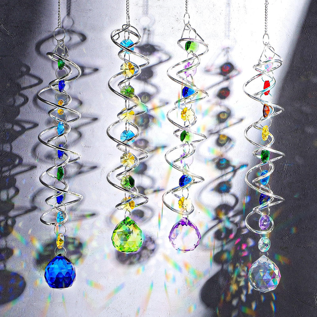 Set of 4 Crystal Sun Catcher for Window Hanging Double-Spiral Gazing Ball Spiral Tail Rainbow Maker Wind Spinners