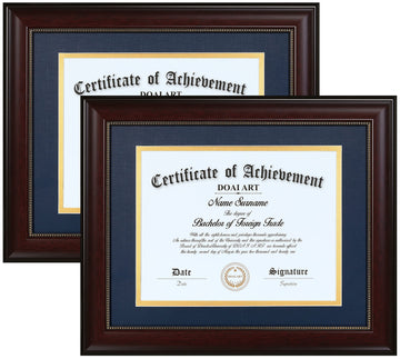 8.5x11 Diploma Frame Set of 2 Classic Mahogany Display 8.5x11-inch with Blue Over Gold Mat or 11x14 Document