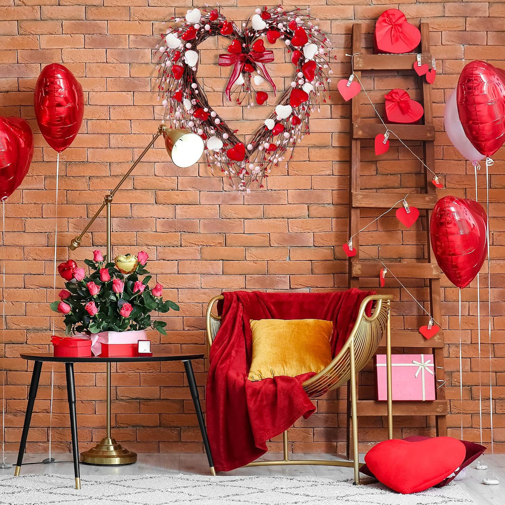 17in Valentine's Day Heart Wreath with Berry Red Heart Wreaths Handmade Valentines Day Wreath with Silk Bow Red Pink