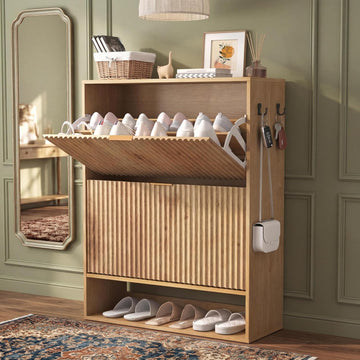Shoe Cabinet , Narrow Freestanding Shoe Cabinet Storage with 2 Flip Drawers, Open Bottom Shelf & Side Hooks, Slim