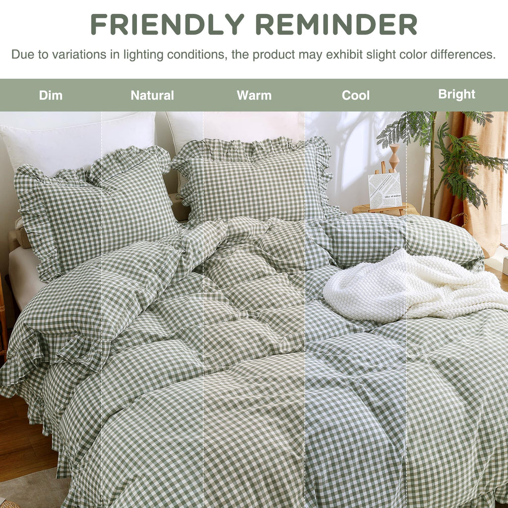 Green Gingham Ruffle Duvet Cover Set Cotton Like Linen
