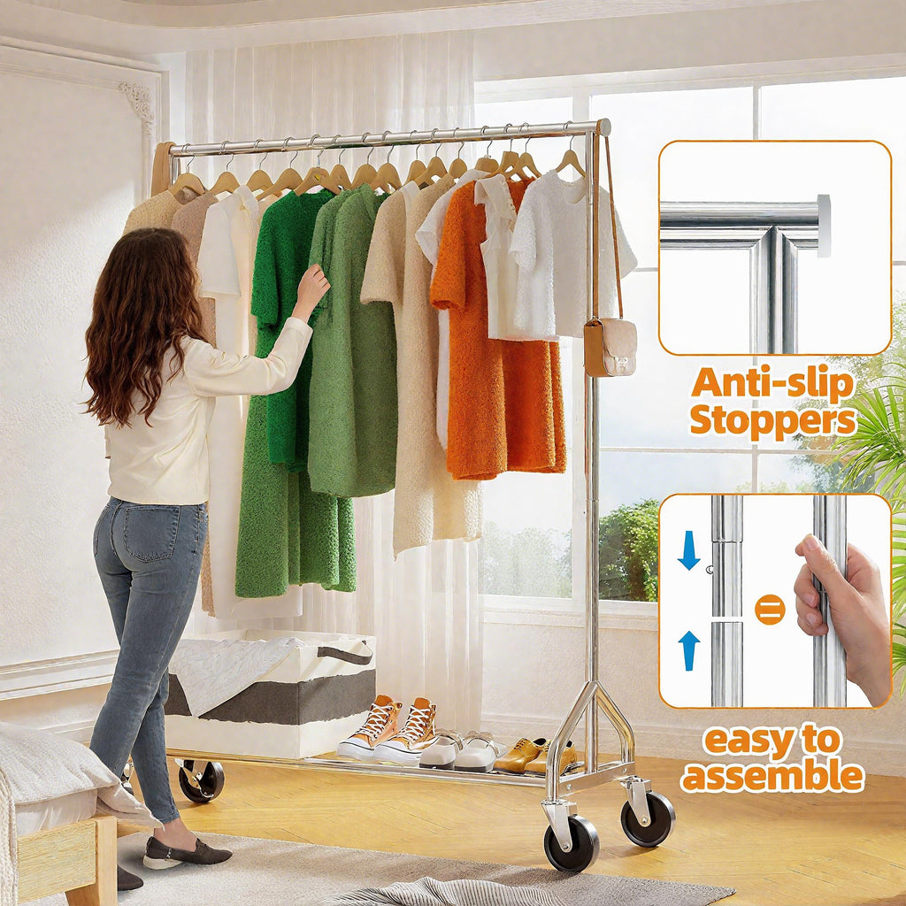 Heavy Duty Rolling Clothes Rack with Wheels and Shelves, 450 lbs Capacity, Portable Garment Rack for Hanging Clothes