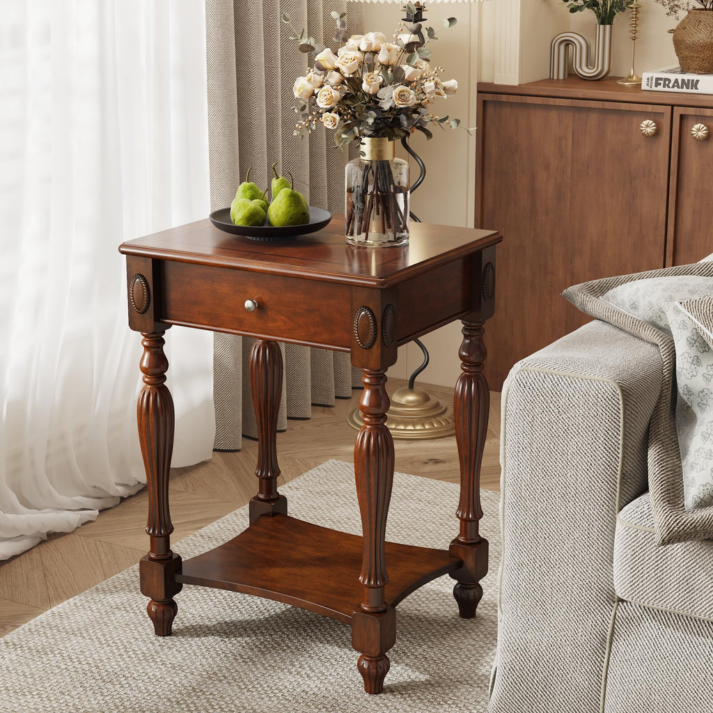 Solid Wood Side Table with Drawer, Victorian Style Vintage Nightstand, Antique Cherry Wood End Tables Living Room